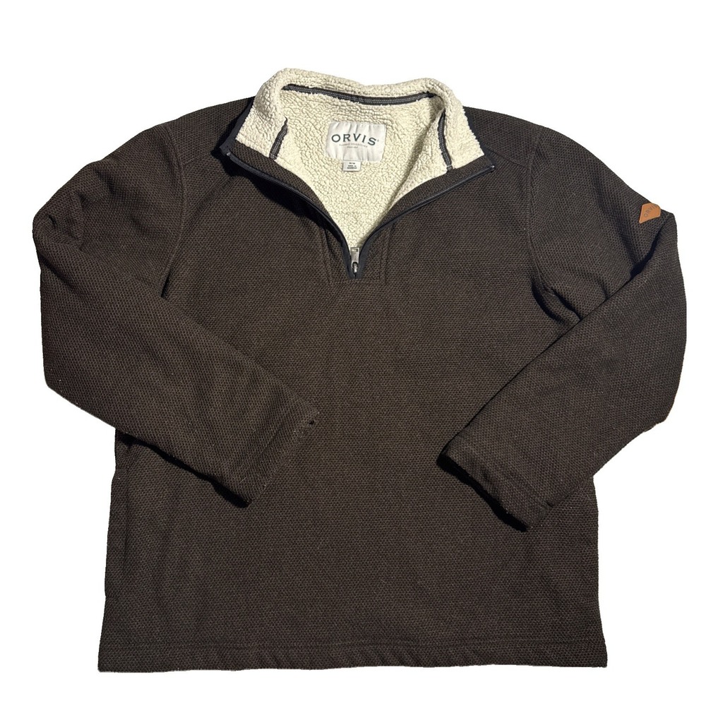 Orvis Mens Brown Sherpa Lined Fleece 1/4 Zip Pullover Sweater Size Medium*